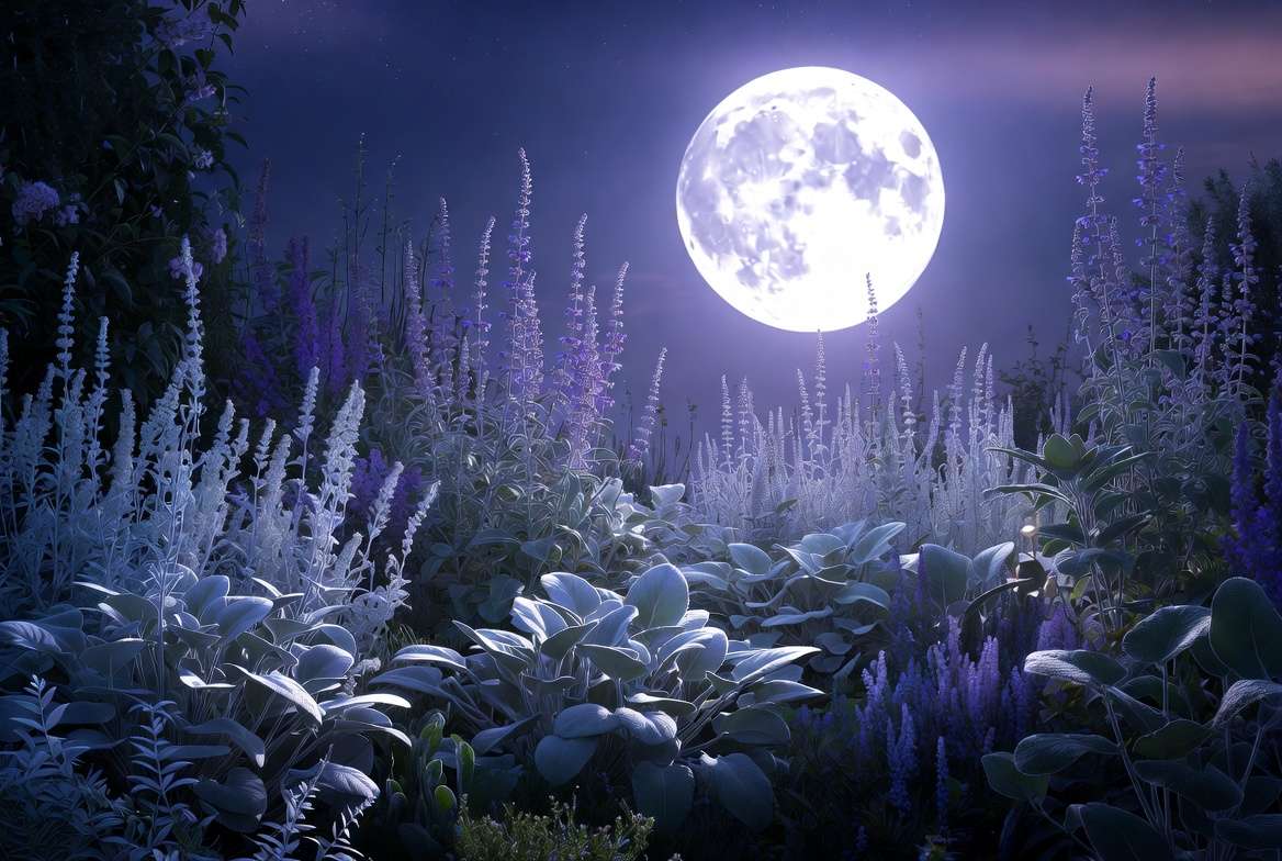 Silver gray foliage plants in a beautiful moon garden glowing at night