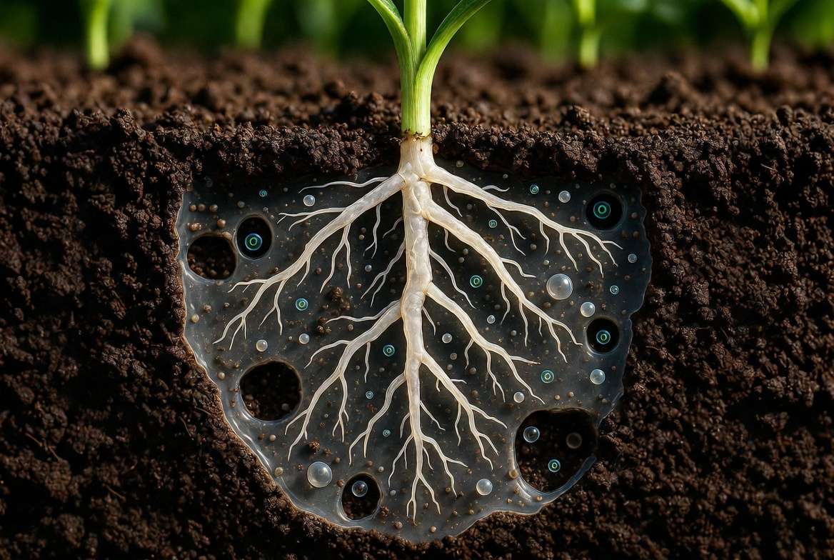 Healthy plant roots in aerated soil receiving oxygen for respiration