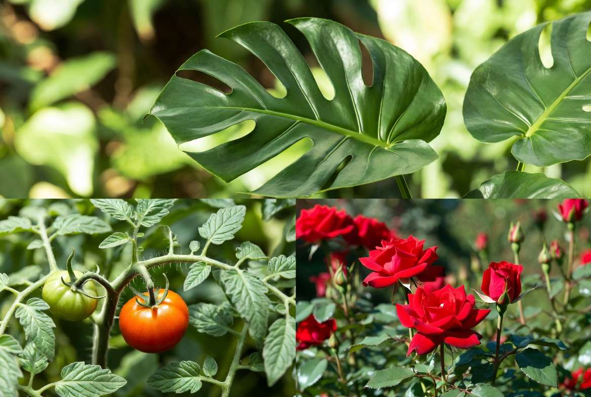 Healthy monstera, tomato, and rose plants free from white dots