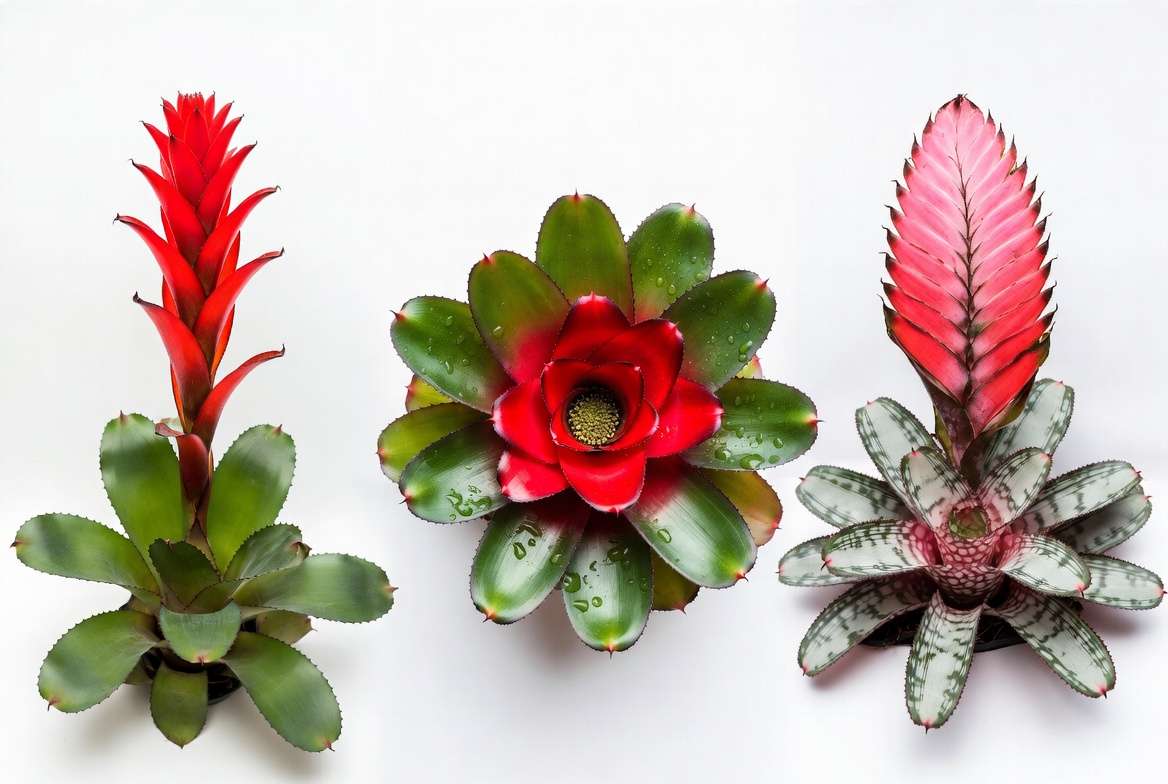 Vibrant red bromeliad plant varieties including Guzmania, Neoregelia, and Aechmea showing different red foliage and bracts