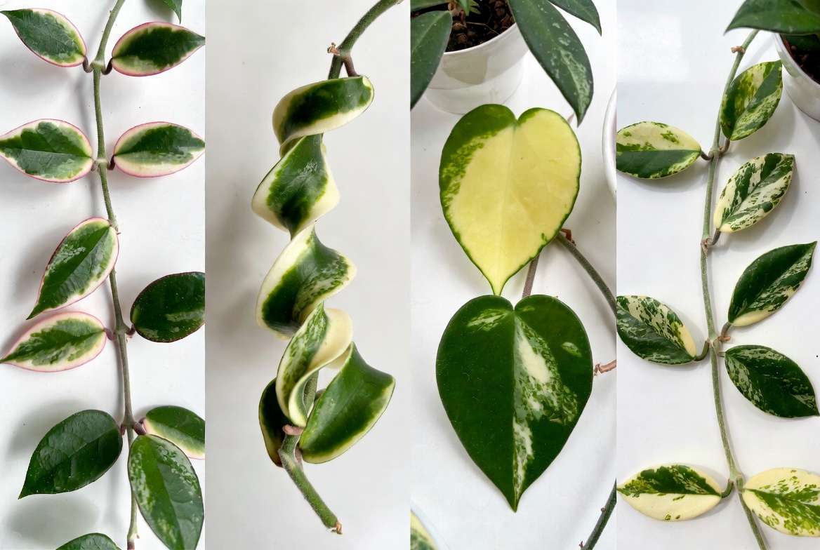 Variegated Hoya plant varieties including Krimson Queen, Compacta, and Kerrii showing beautiful foliage patterns