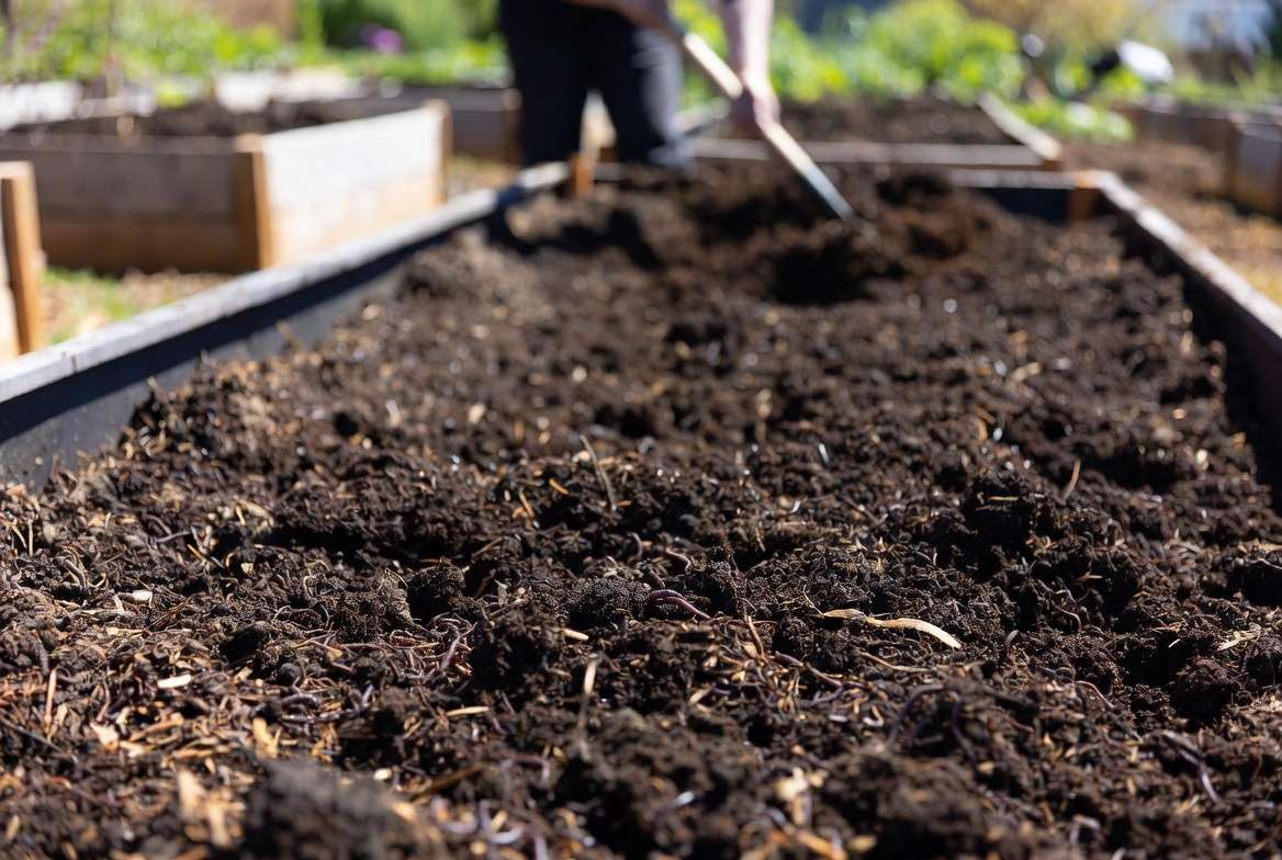 Preparing rich well-draining soil for spring garlic planting with compost