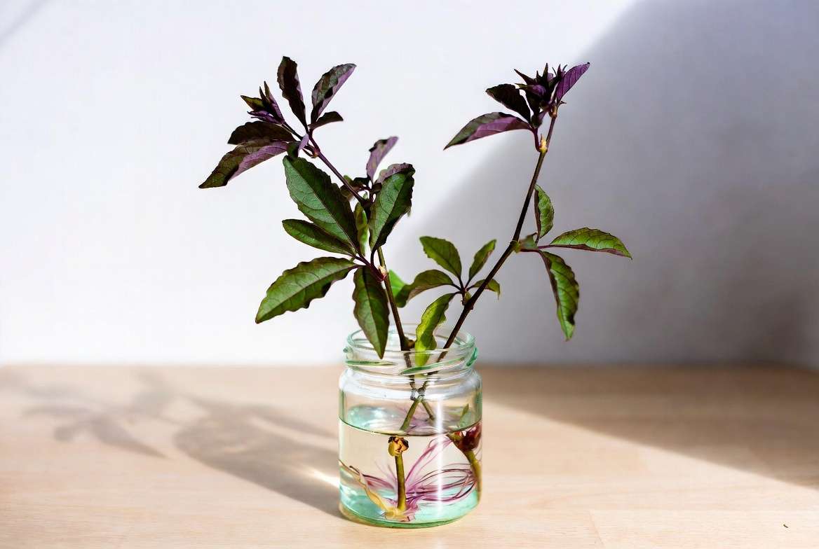 Purple passion vine stem cuttings propagating in wate