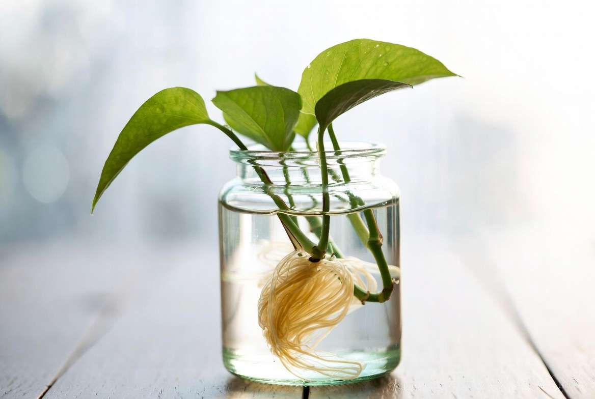 Easy water propagation of Pothos cuttings for low light hanging plan