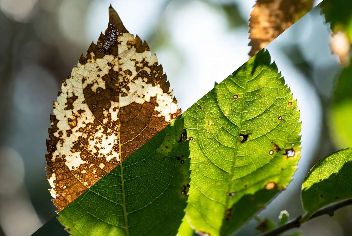 Before and after treatment of brown spots on plant leaves showing recovery