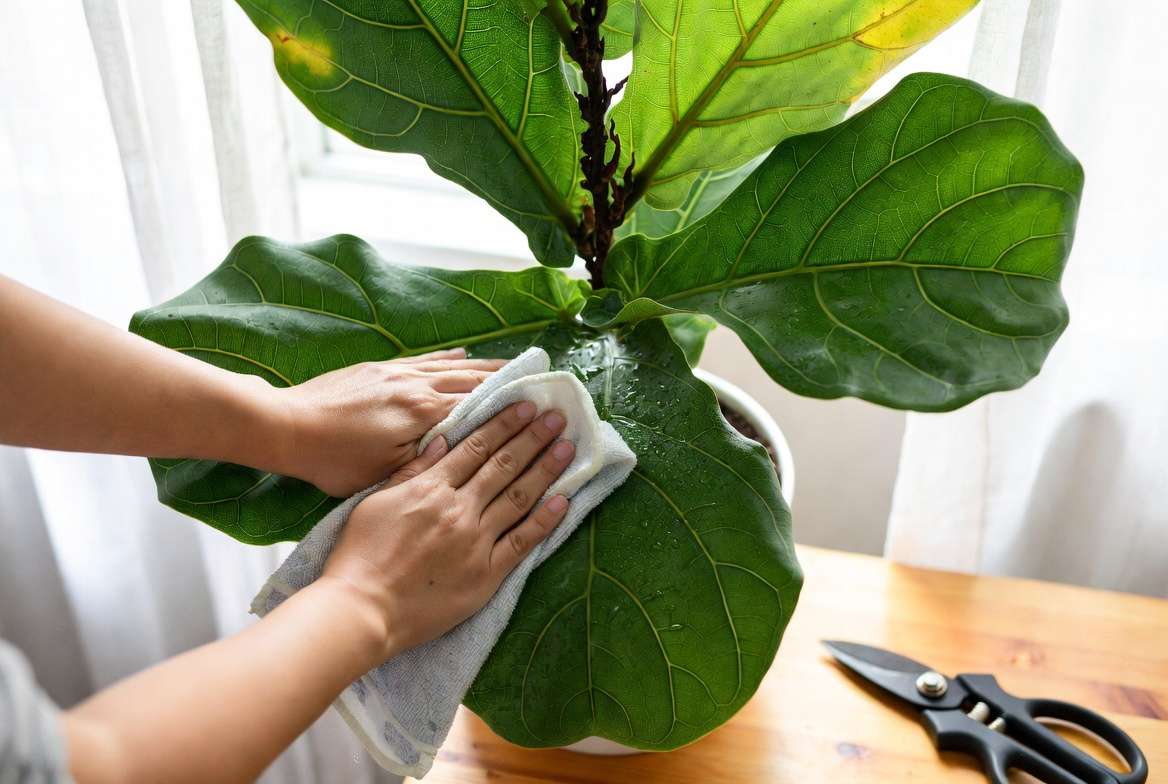 Cleaning and pruning big leaves plant for healthy foliage