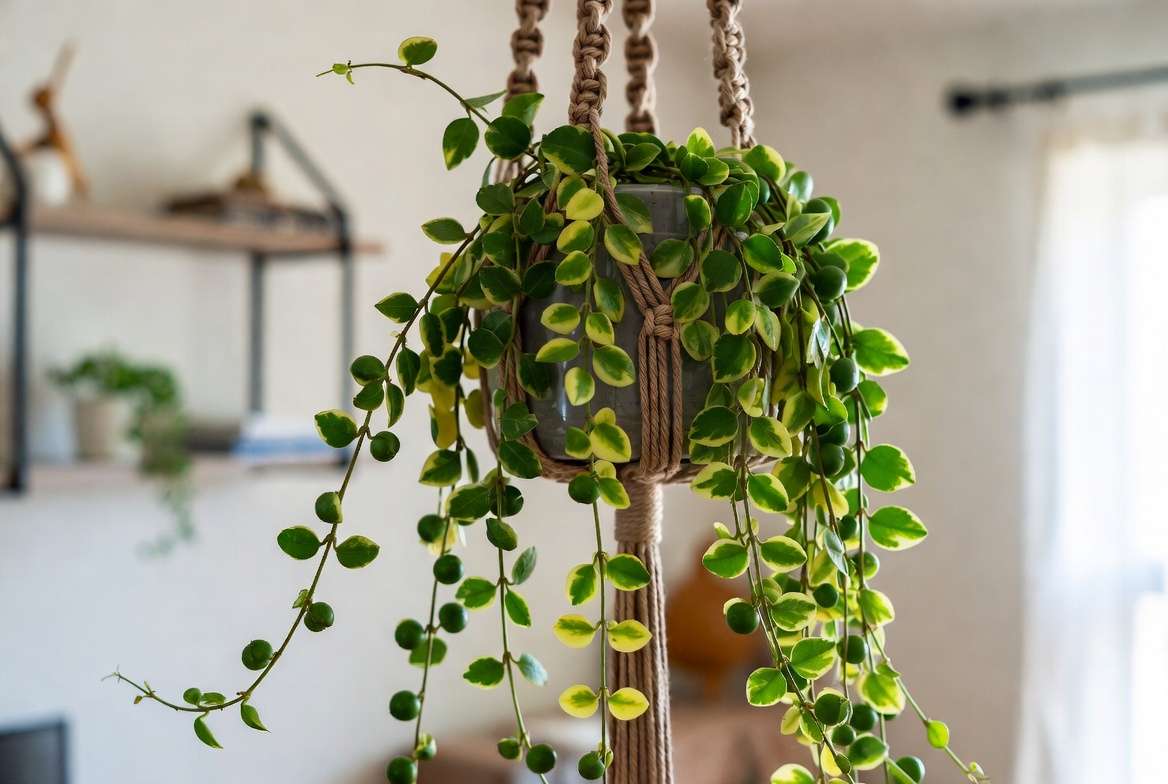 Beautiful hanging variegated string of pearls plant in modern home interior