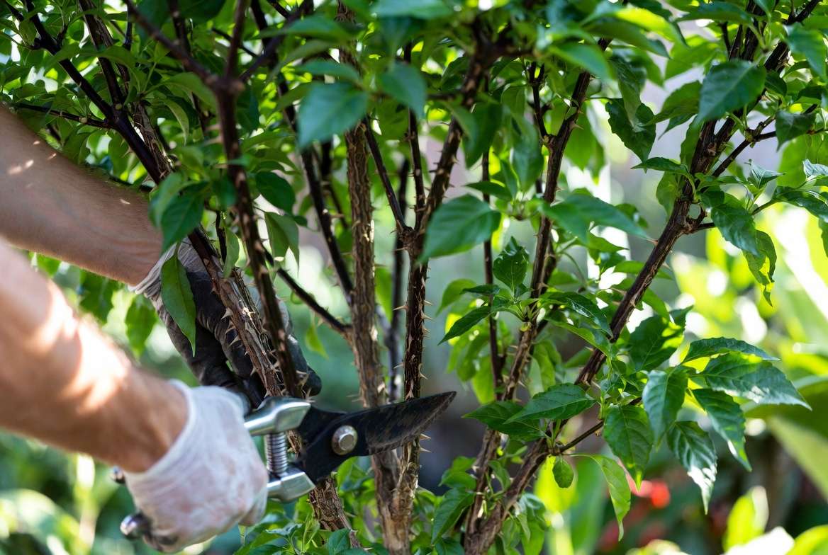 Pruning a mature Szechuan pepper plant for better shape and airflow