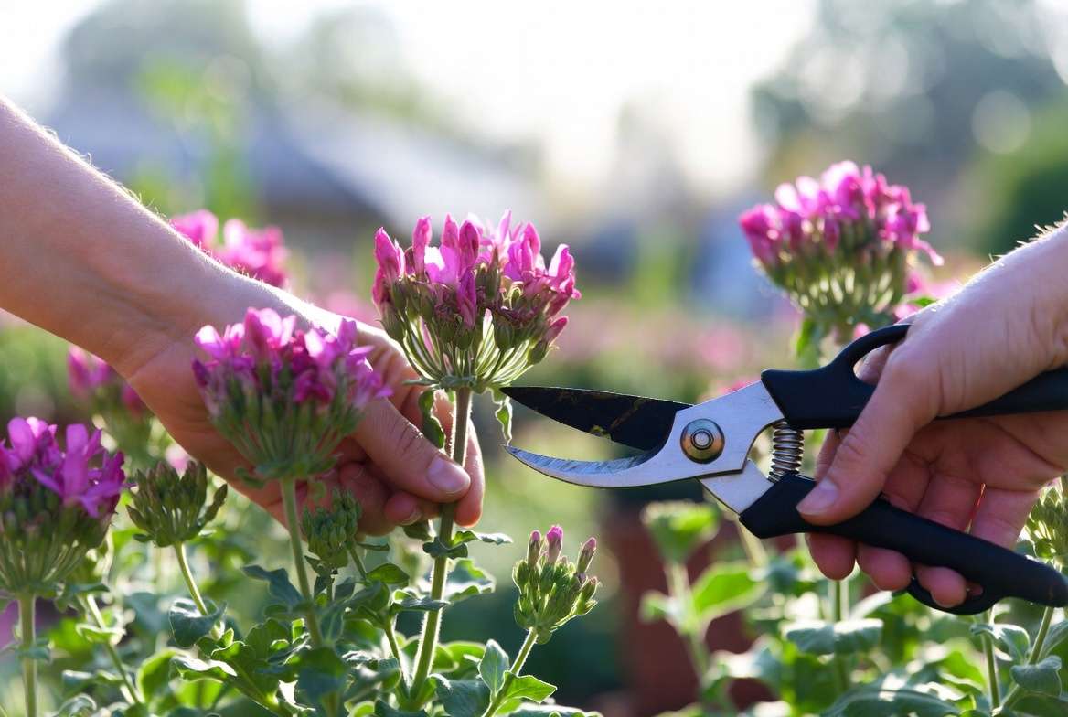 Proper pruning and deadheading technique on a plant with pink flowers to encourage more blooms