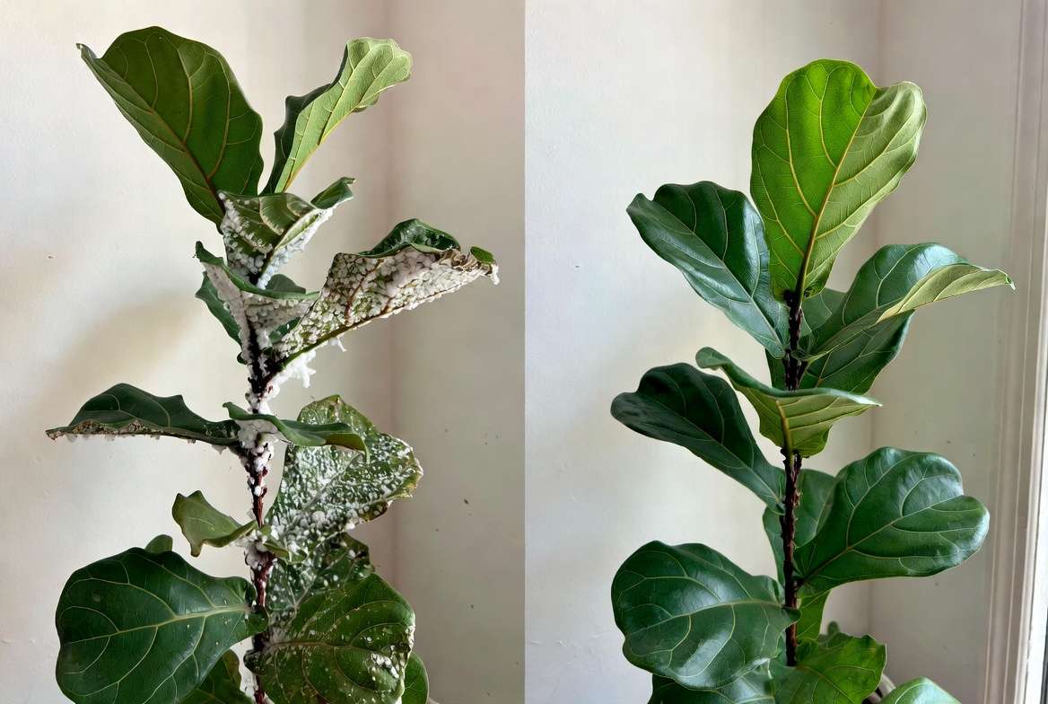 Before and after recovery of fiddle leaf fig from white specks and mealybugs