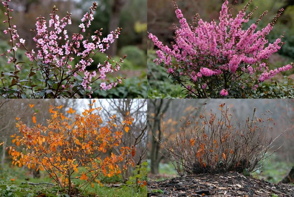 Seasonal care calendar visual for plants with pink flowers showing spring to winter growth stages