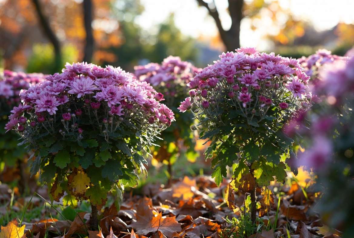 Pink chrysanthemum plants in autumn seasonal bloom display