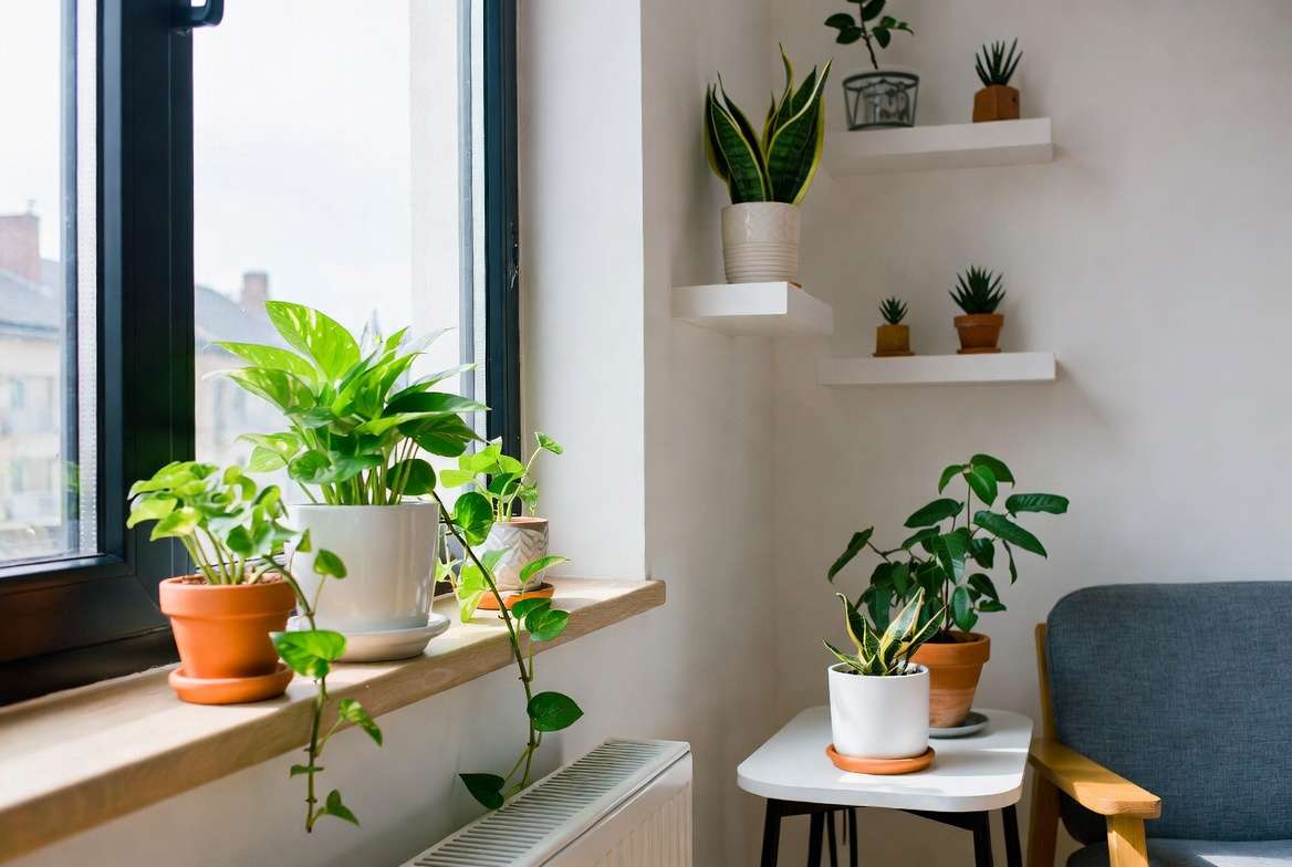 Small potted plants arranged beautifully in a modern apartment living room with natural light