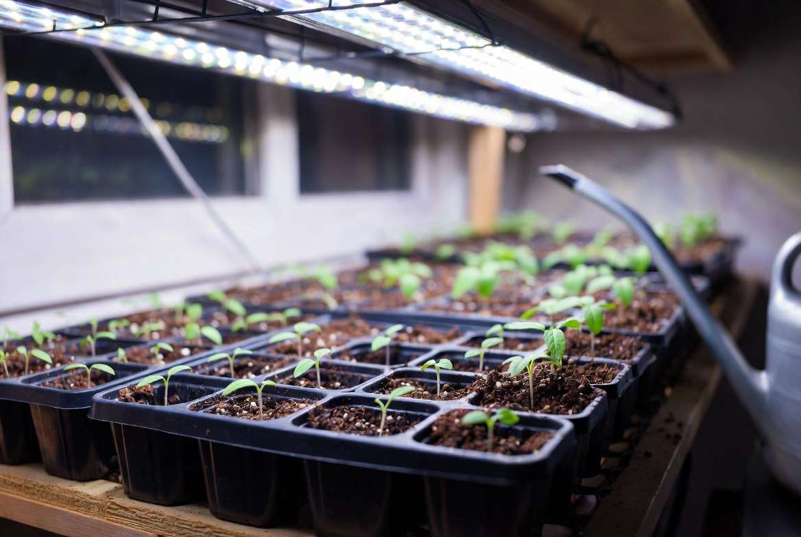 Young tomato seedlings starting indoors for healthy seedless tomato plants