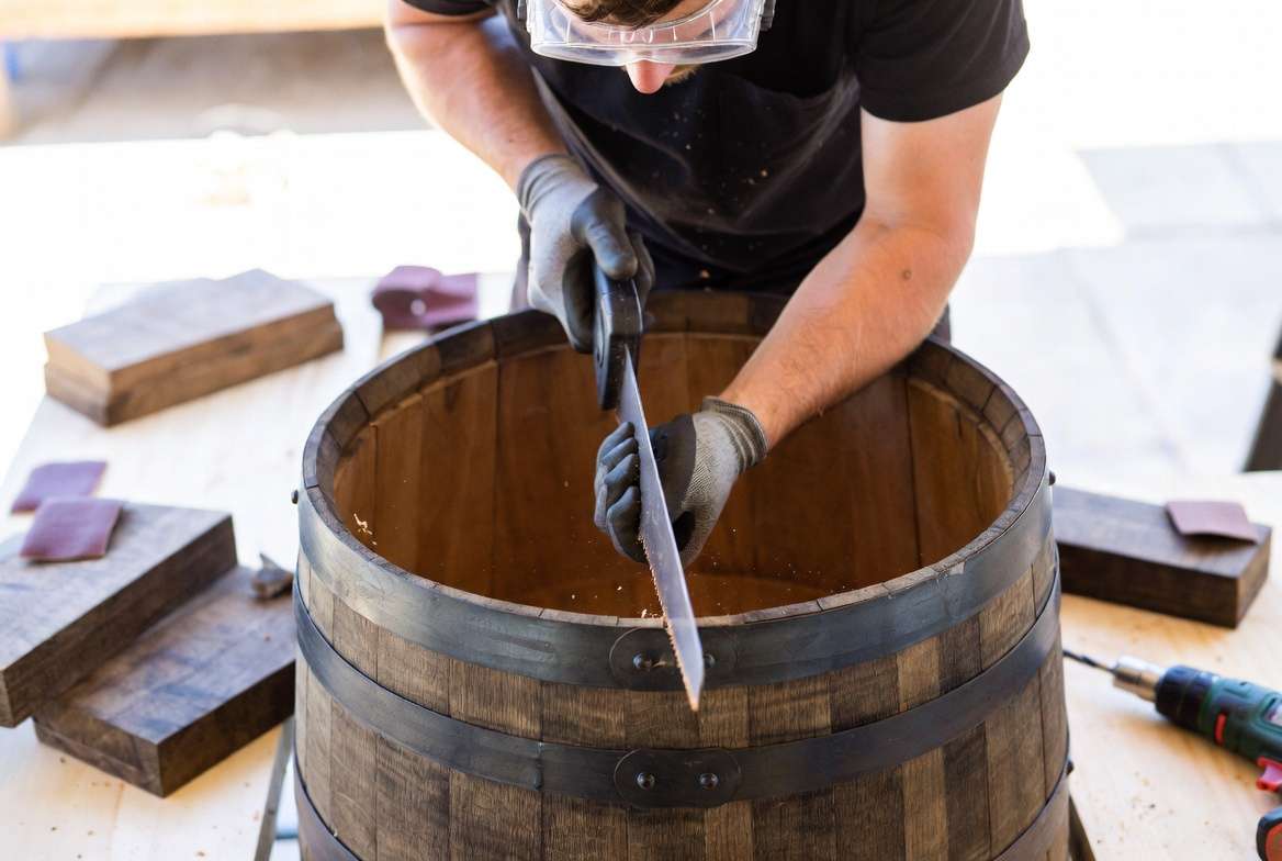 DIY barrel wood planter tutorial - cutting and preparing whiskey barrel step by step