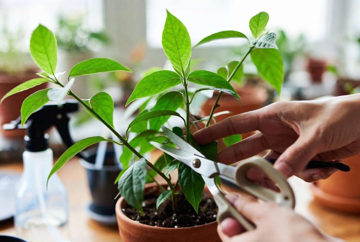 Step by step demonstration of how to properly top a potted plant with pruning shears