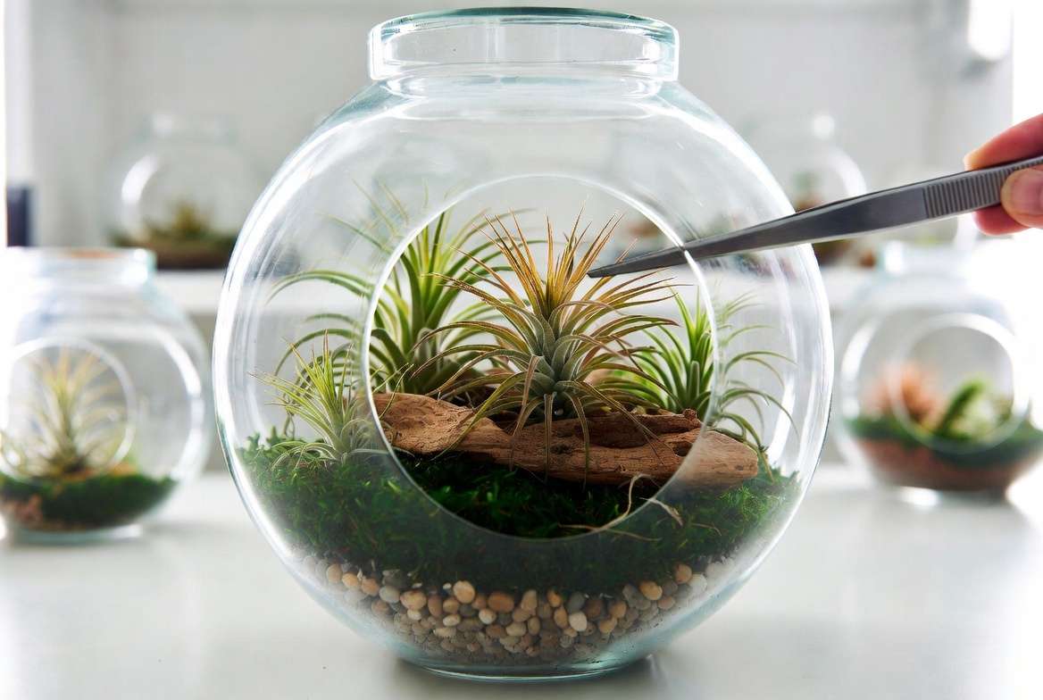 tep by step process of assembling an air plant terrarium with base layers and plant placemen
