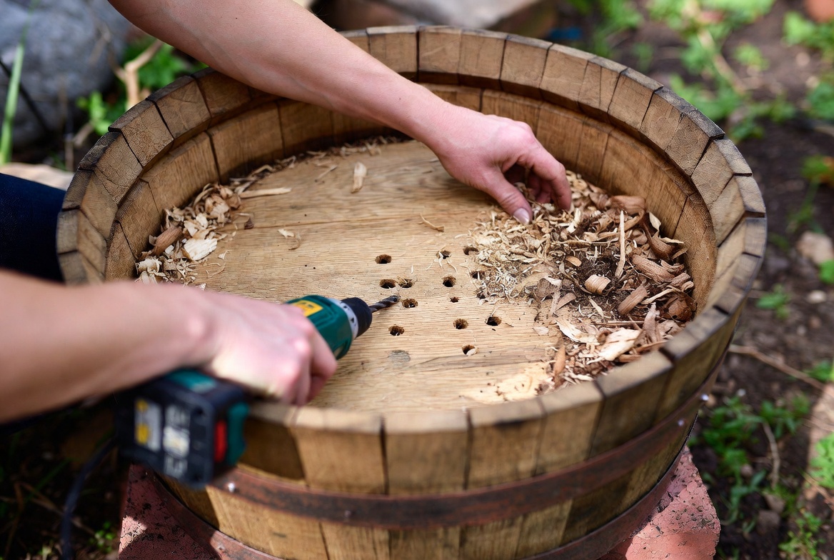 Drilling drainage holes in wooden barrel for plants preparation step