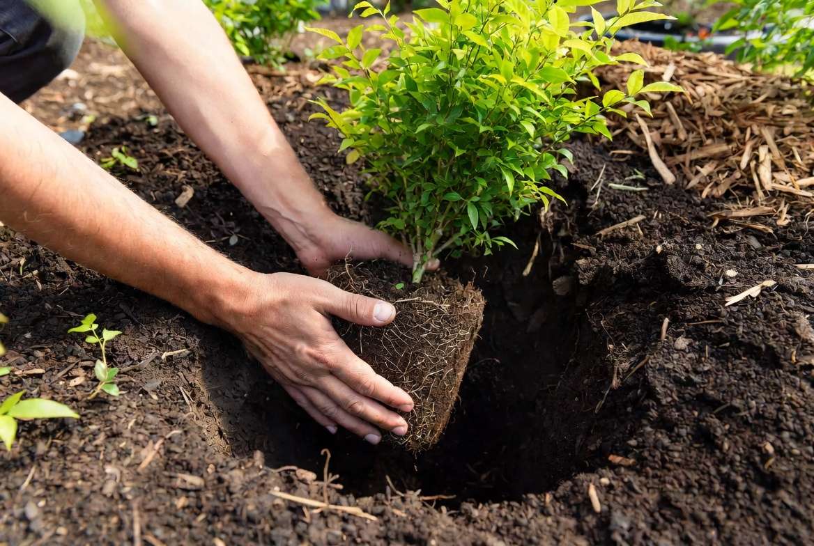 Planting Lemon Lime Nandina shrub in garden soil
