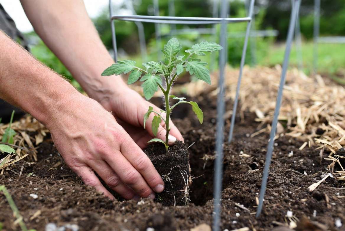 Deep planting technique for Mr Stripey tomato seedlings with support cage