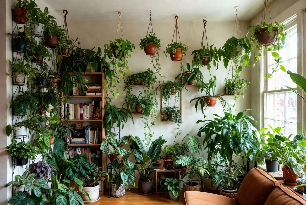 Creative styling ideas with lush cascading trailing indoor plants in a modern living room