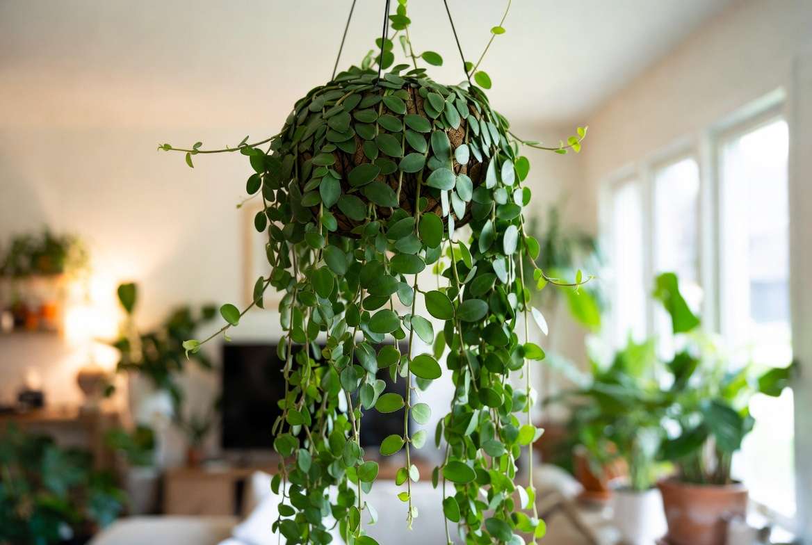 String of Frogs plant styled in a hanging basket as indoor decor
