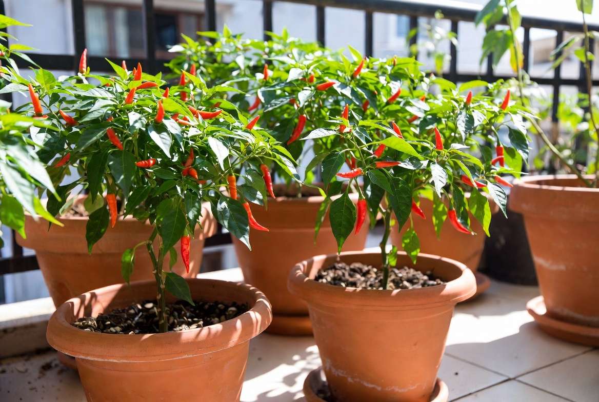 Thai chili pepper plants thriving in full sunlight on a sunny balcony