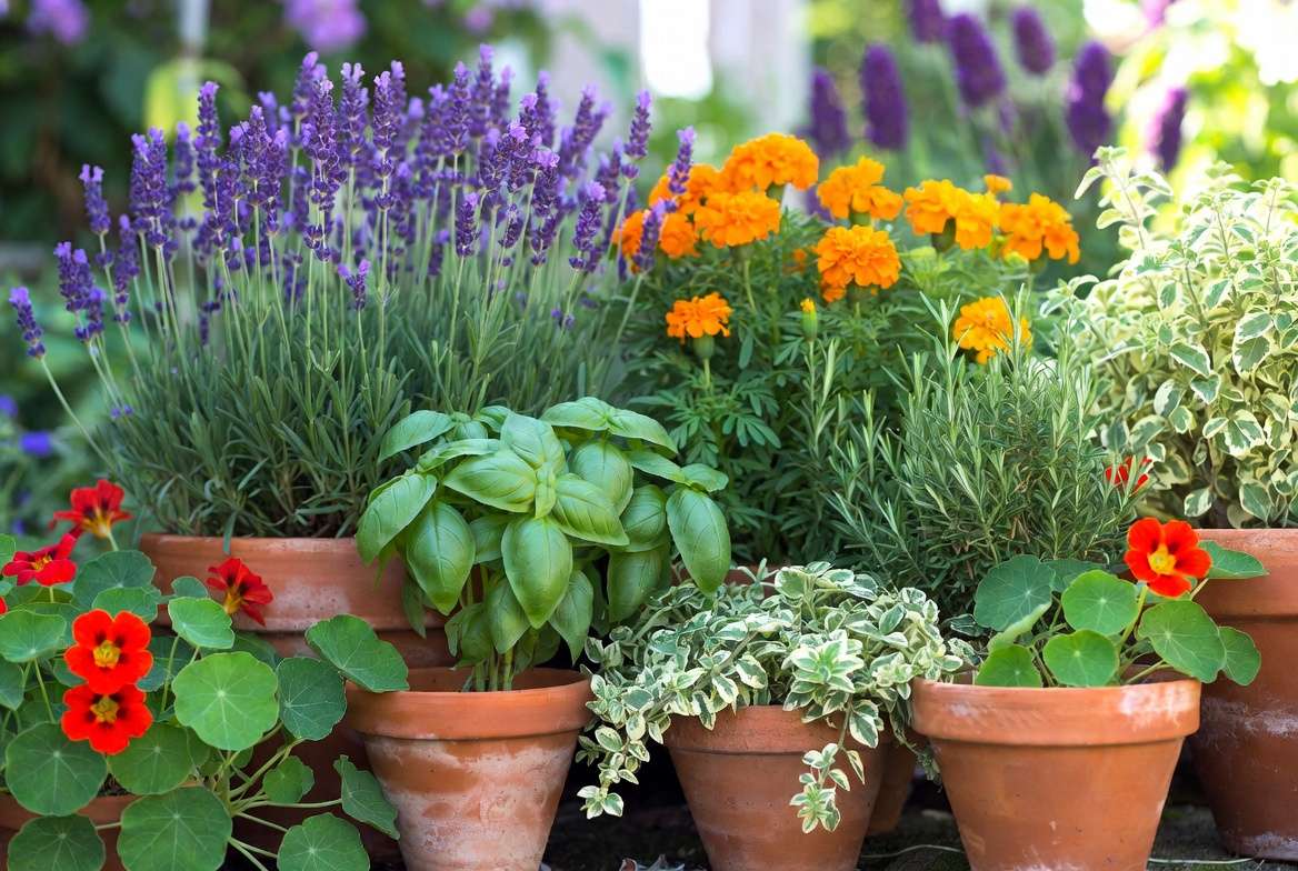 Collection of the best fly repellent plants including lavender, basil, and marigolds