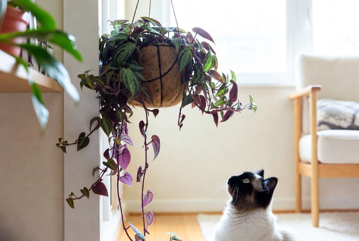 Wandering Jew plant safely displayed in hanging basket away from pets
