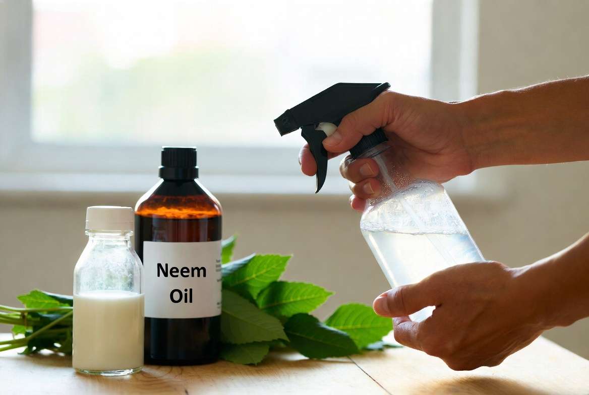 Natural remedies for powdery mildew including baking soda and neem oil spray