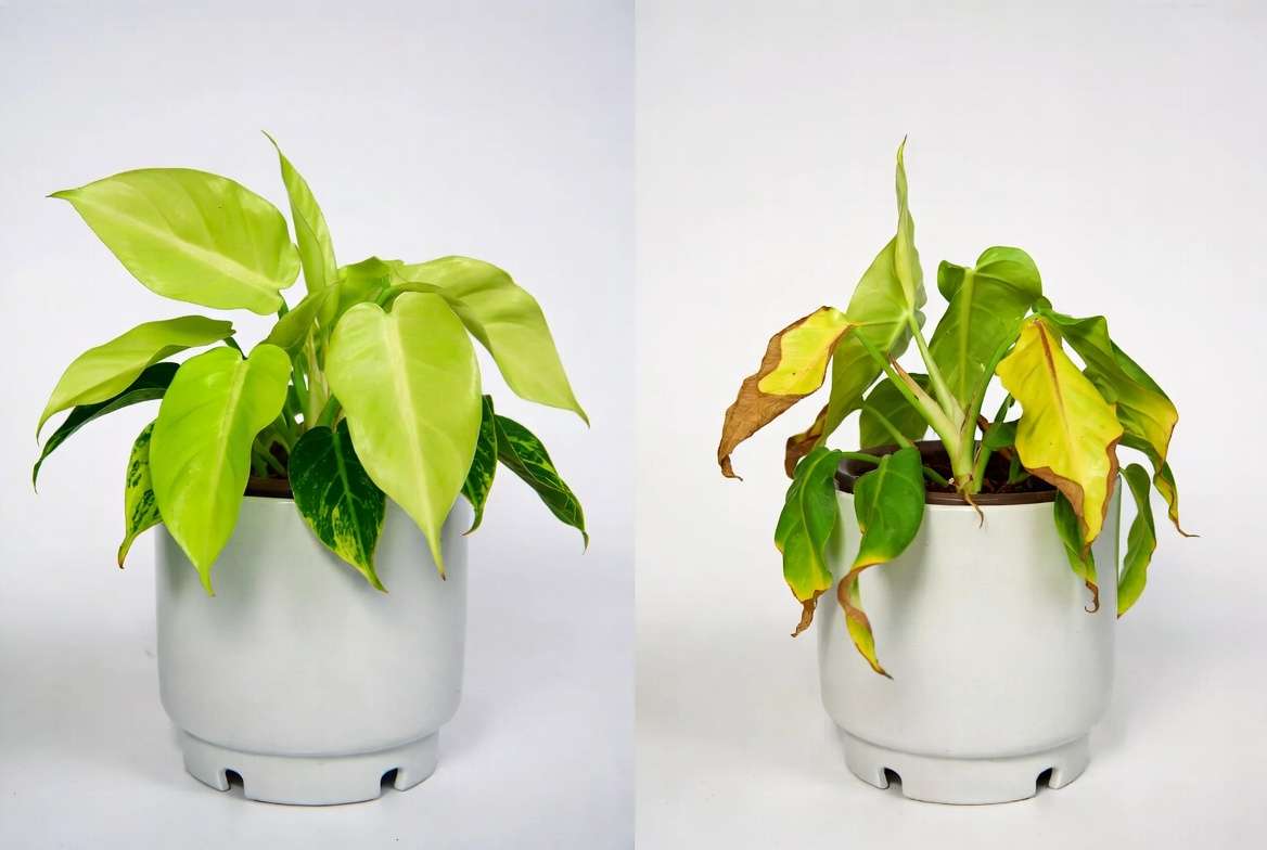 Common Philodendron Moonlight problems - yellow leaves vs healthy plant