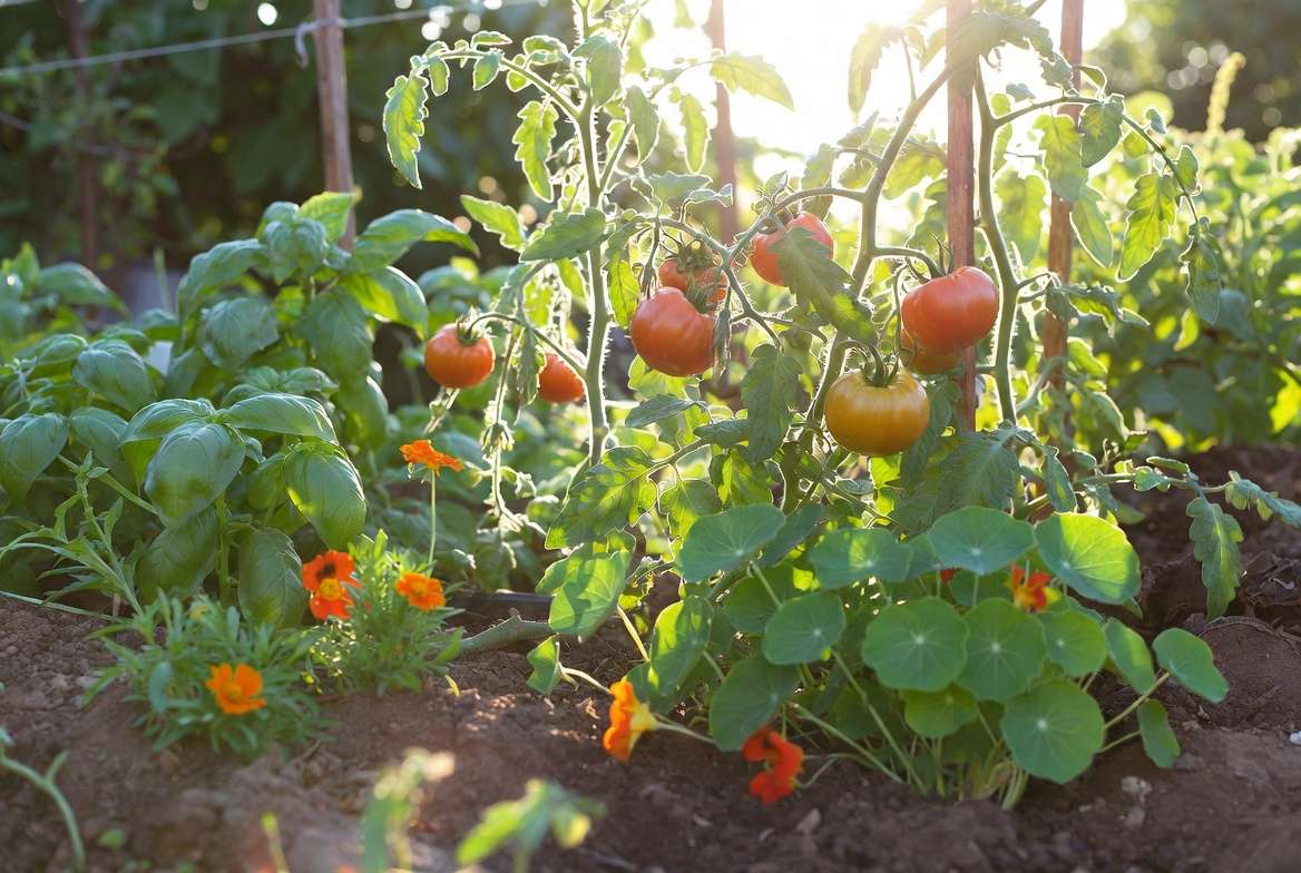 Companion planting tomatoes with basil marigolds and nasturtiums in a lush garden bed