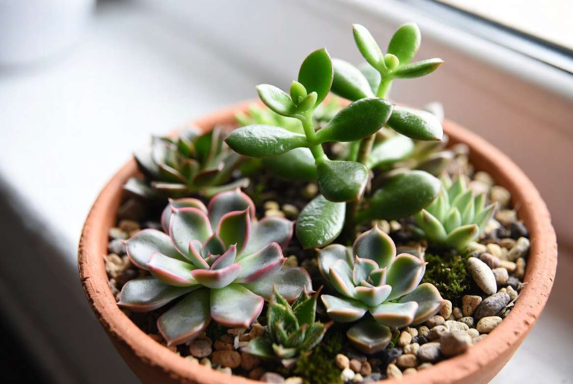 Beautiful open dish garden with succulents in a shallow terracotta bowl showing miniature landscape design