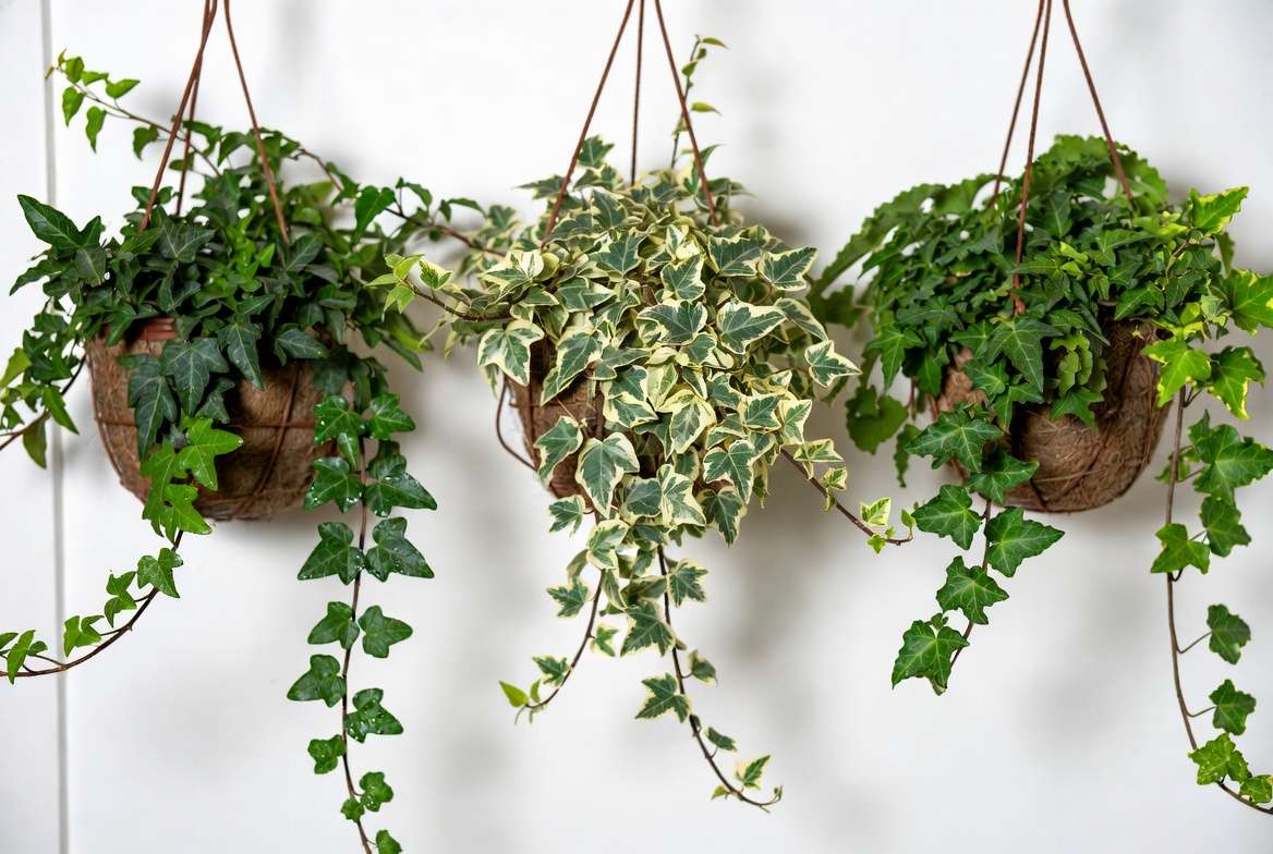 Different varieties of hanging ivy plants in stylish hanging baskets showing English Ivy and variegated types