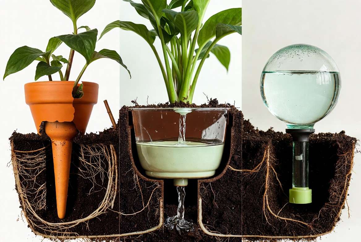 Self-watering plant waterer indoor mechanisms showing capillary action, reservoir planters, and terracotta spikes