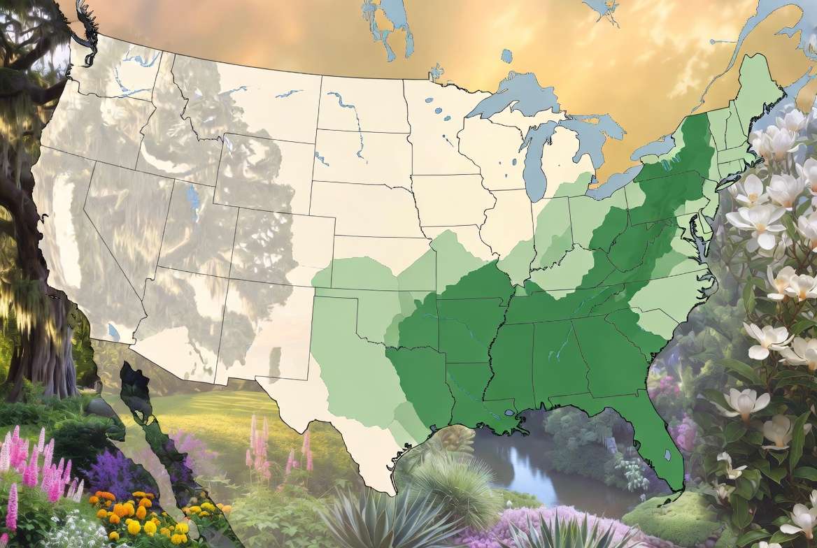 Zone 8 climate map with thriving southern garden examples showing regional plant diversity