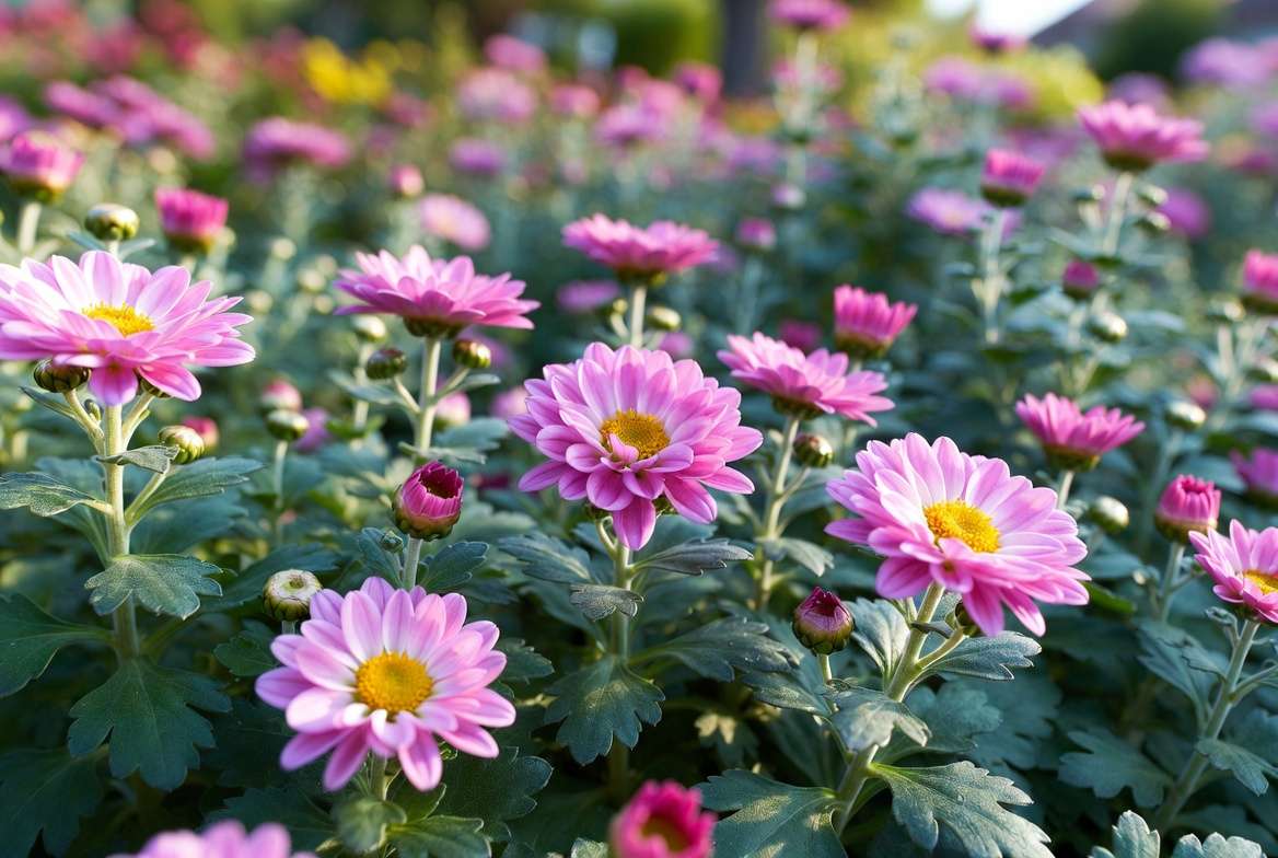 Pink chrysanthemum plant varieties showing beautiful full blooms and healthy green foliage