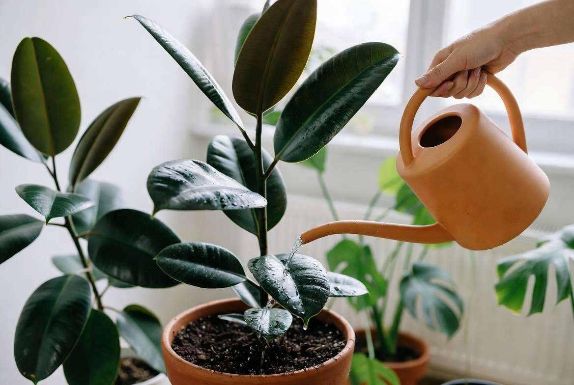 Proper watering technique for big leaves plant to prevent overwatering and root rot