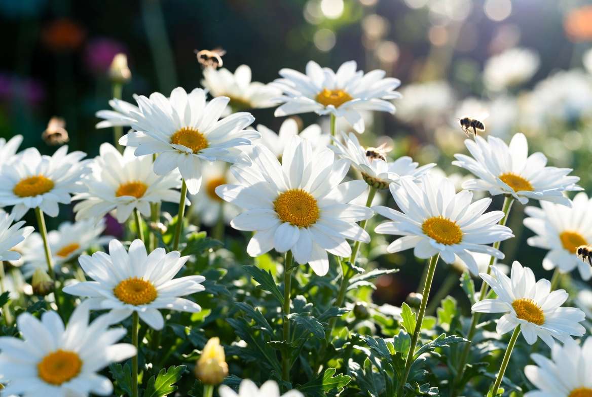Shasta daisy flowers in full bloom with white petals and yellow centers in a sunny garde