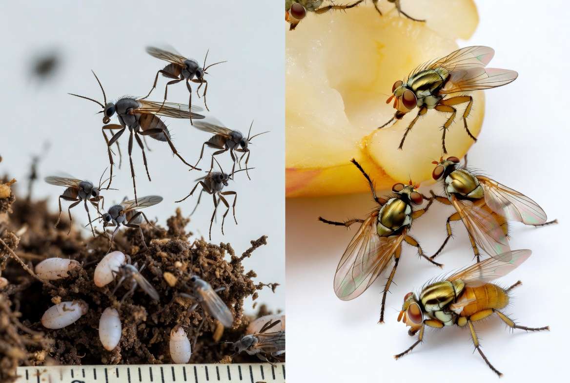 Close-up comparison of fungus gnats in houseplant soil versus true fruit flies for accurate pest identification