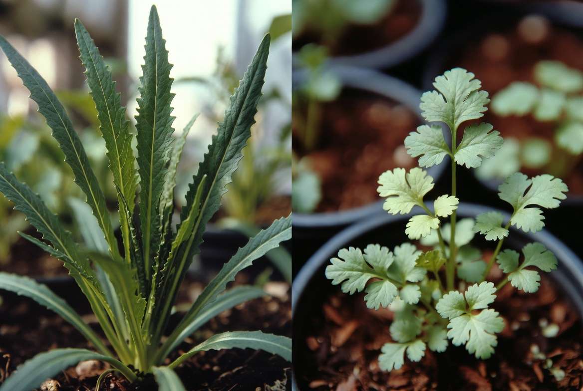 Sawtooth coriander plant vs regular cilantro comparison showing leaf differences