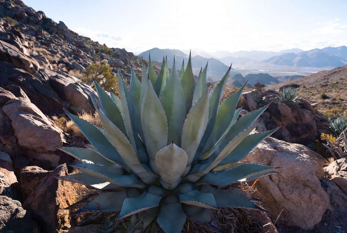 Mature agave plant rosette in natural desert habitat showing botanical structure and spines