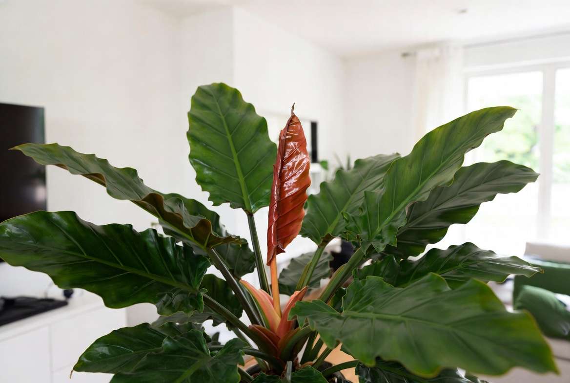 Healthy mature Philodendron Congo plant with glossy green and red new leaves