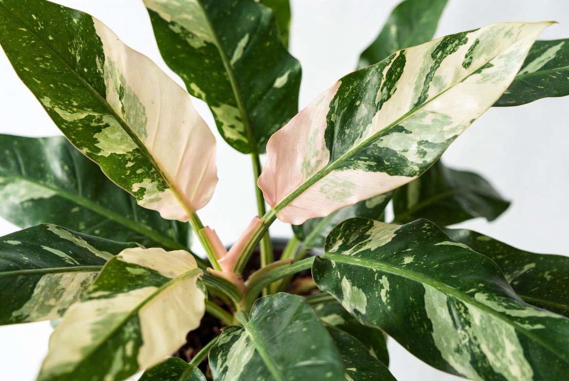 Philodendron Jose Bueno plant showing large variegated leaves with creamy white, pink, and green patterns
