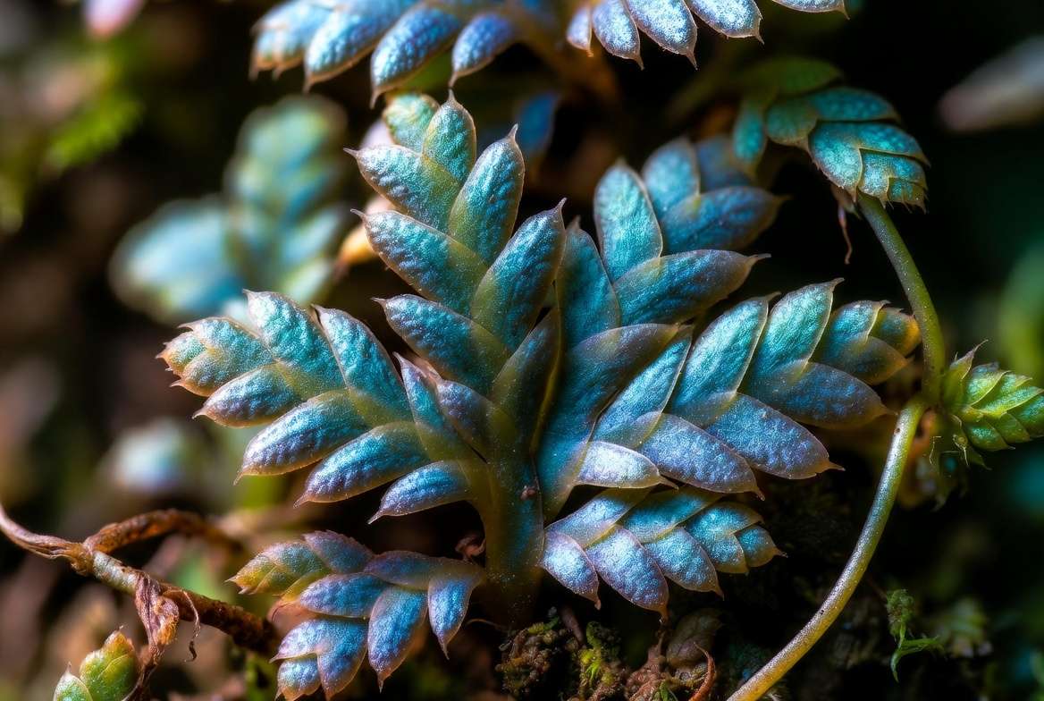Rainbow moss plant close up showing iridescent blue green peacock fern foliage