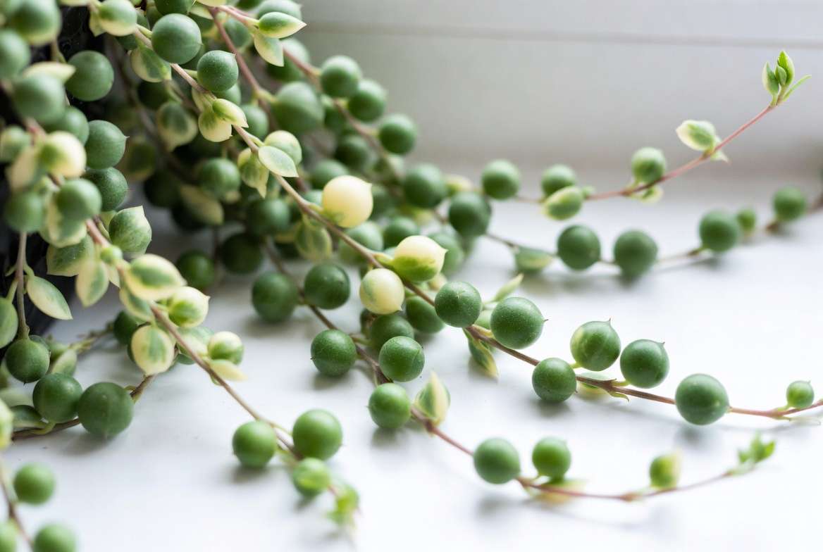 Close-up of variegated string of pearls plant showing creamy white and green foliage