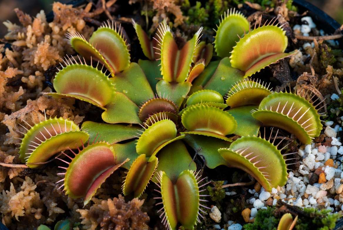 Large mature Venus fly trap plant showing impressive trap size and vibrant green foliage in natural setting
