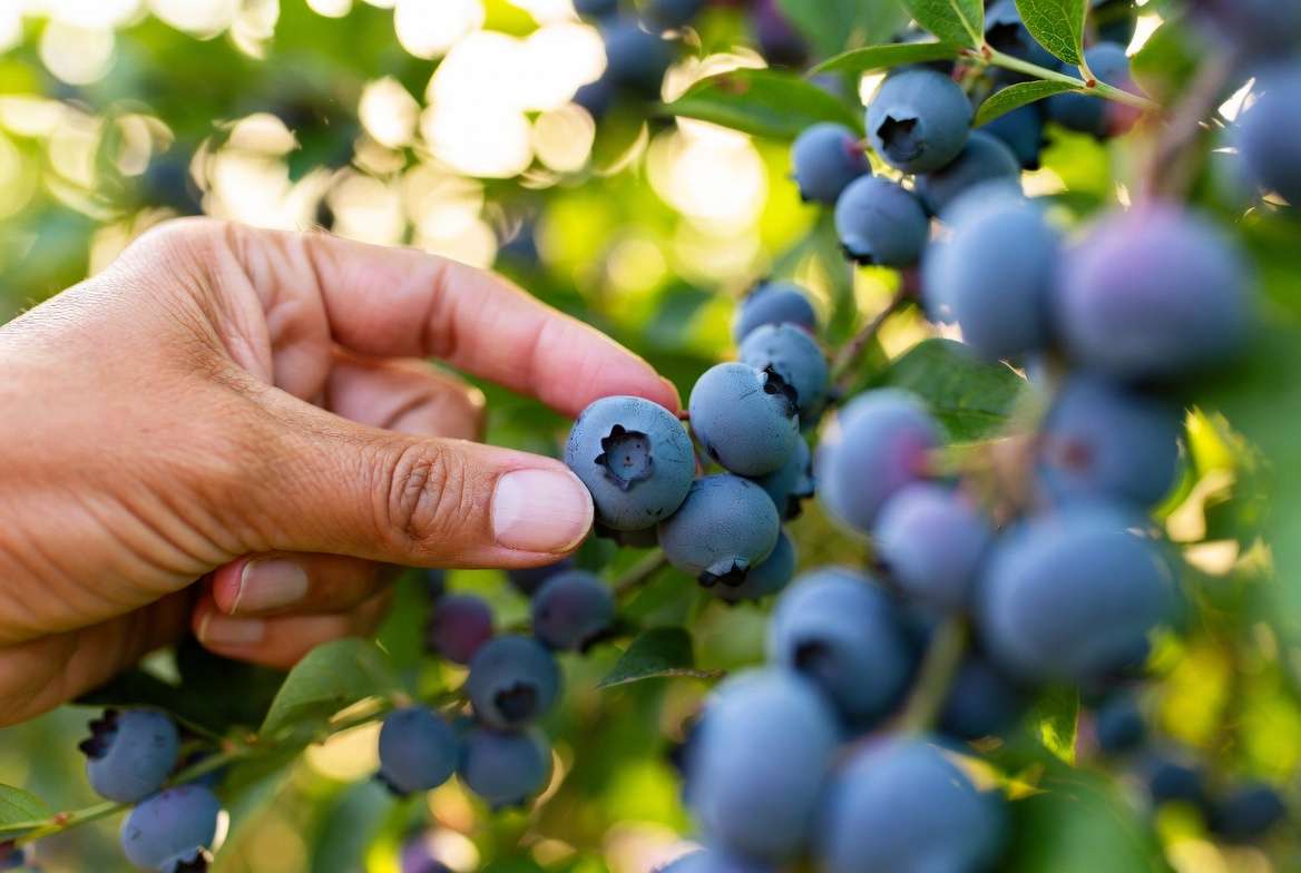 Harvesting ripe Tifblue blueberries from a productive garden bush