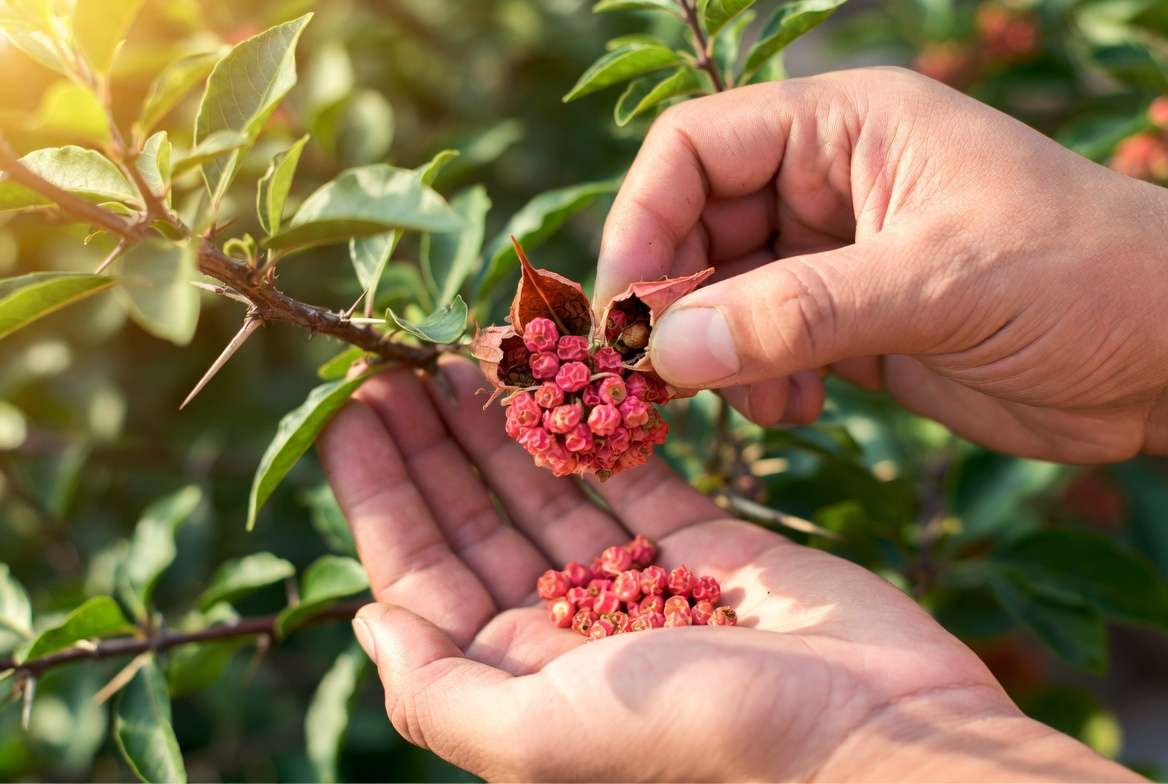 Harvesting fresh ripe Szechuan peppercorns from the plant