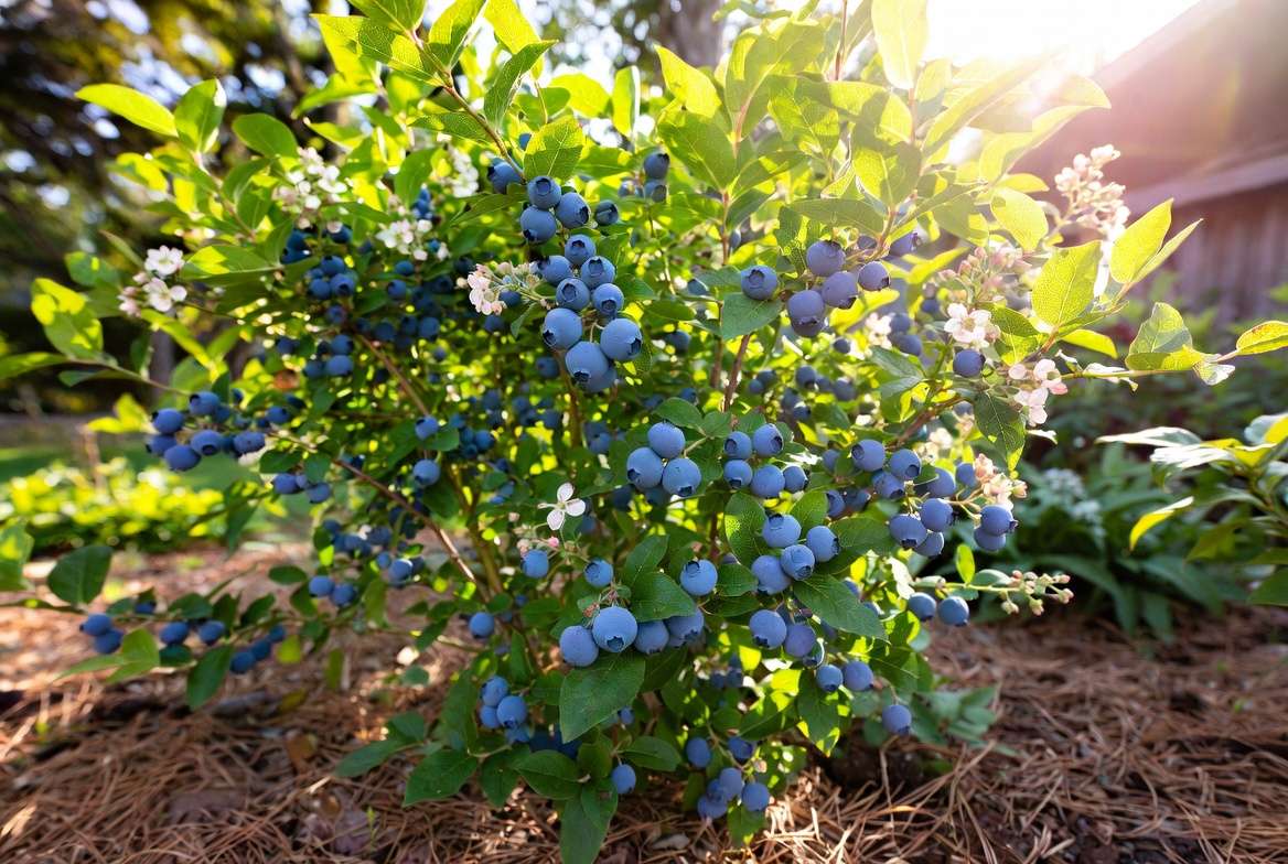 Patriot blueberry bush loaded with large ripe berries in a home garden
